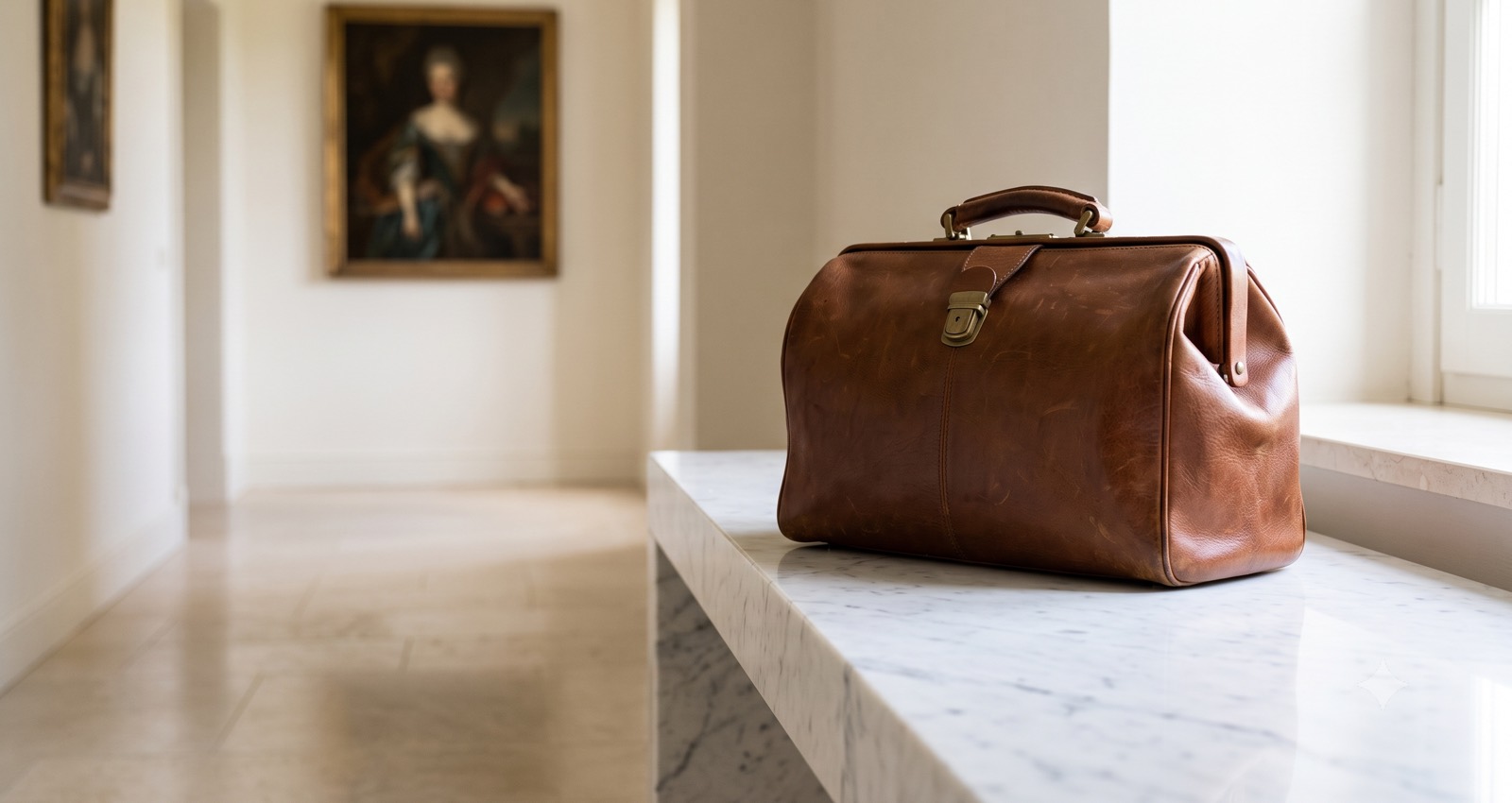 A doctor's bag on a marble console in a villa hallway