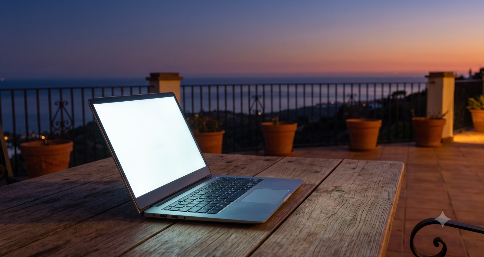 A laptop open on a villa terrace at dusk
